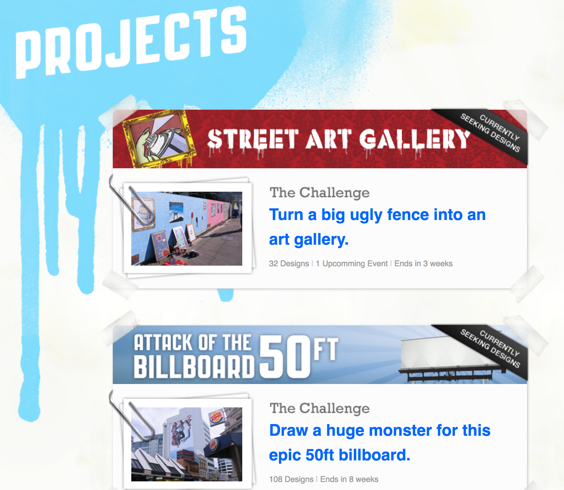 Screenshot of the projects page